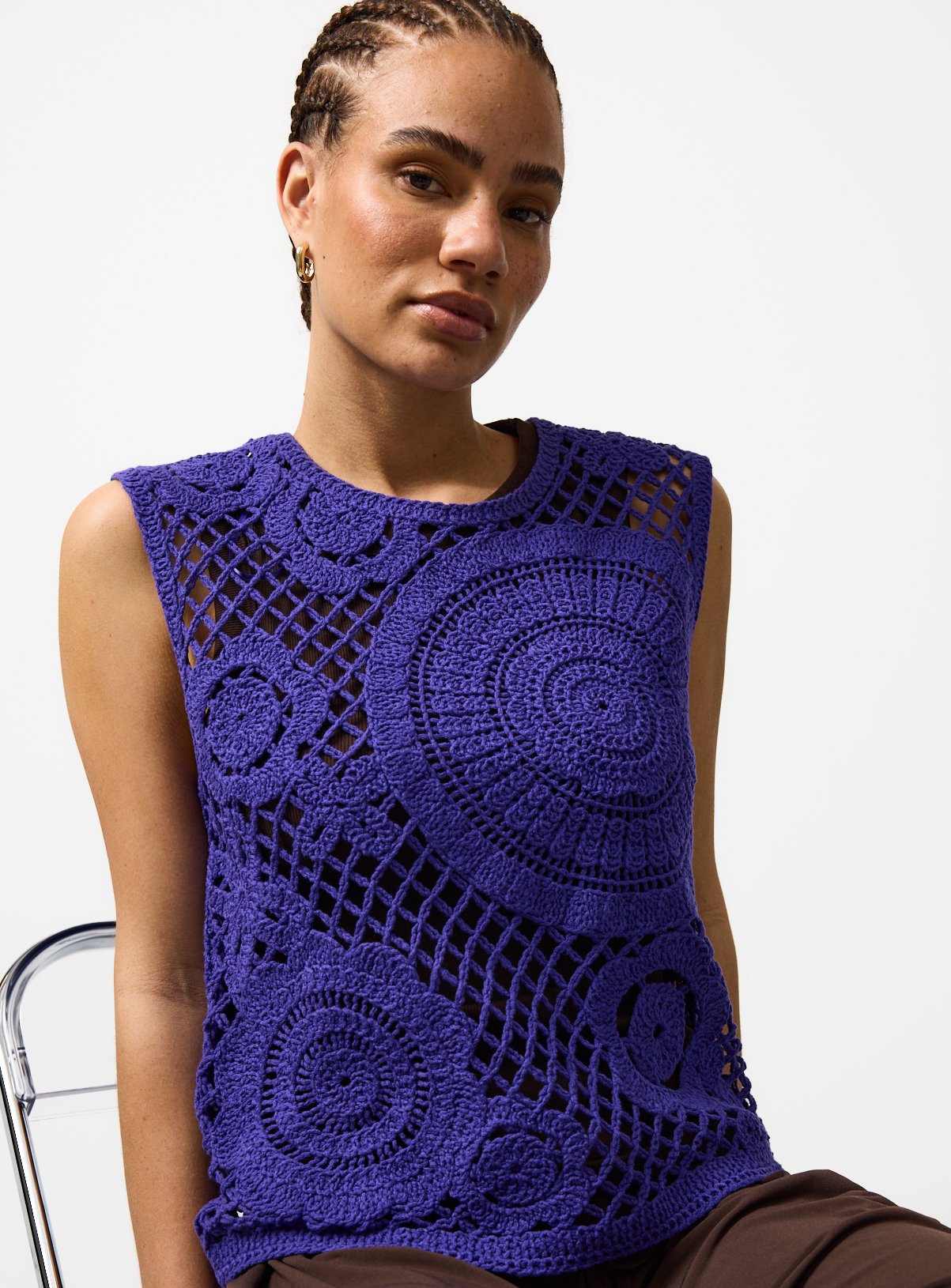 Bright Blue Crochet Circle Detail Vest Top XS - Image 1 thumbnail